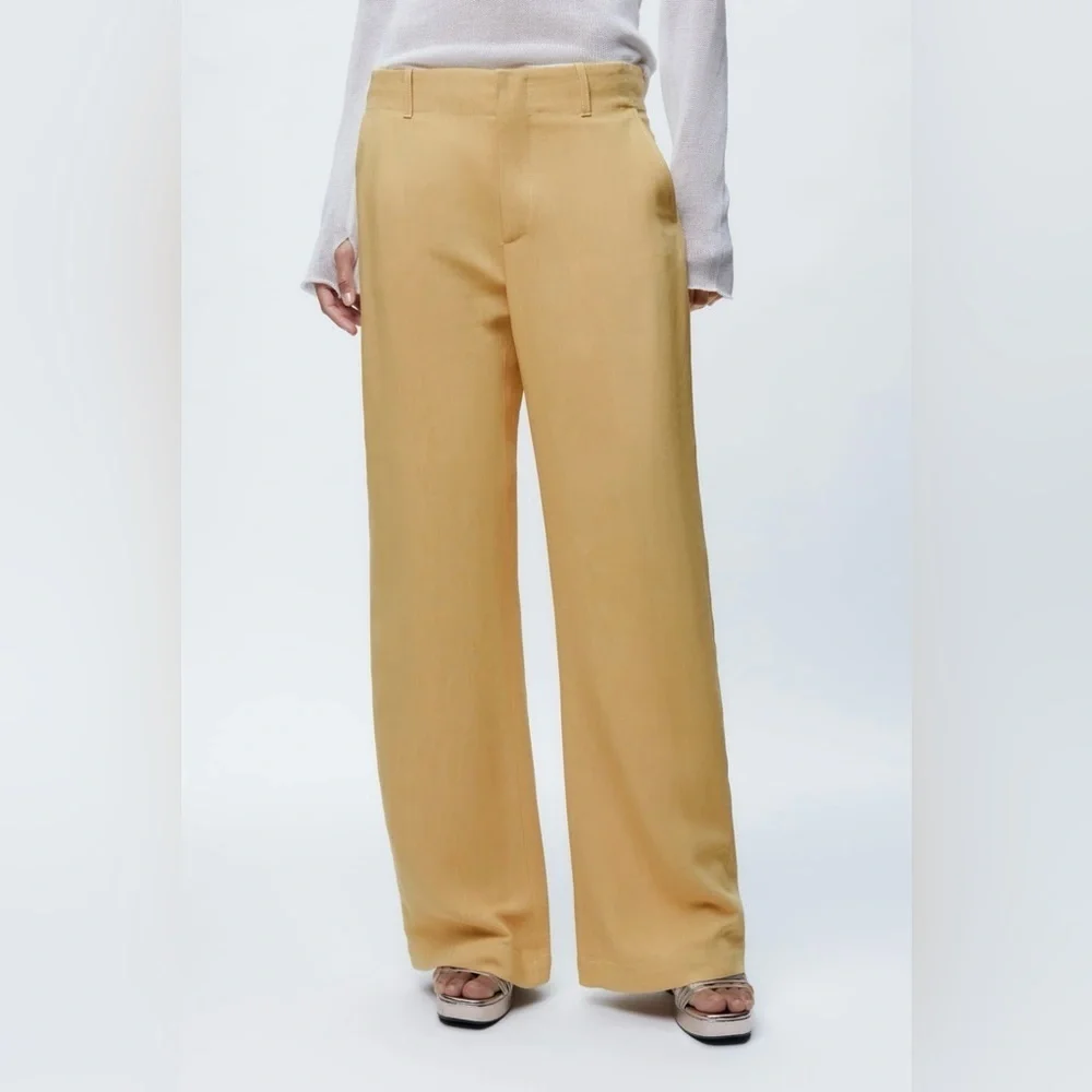 Zara Women Yellow Mid Rise Wide Leg Blend Limited Edition Formal‎ Pants Sz M